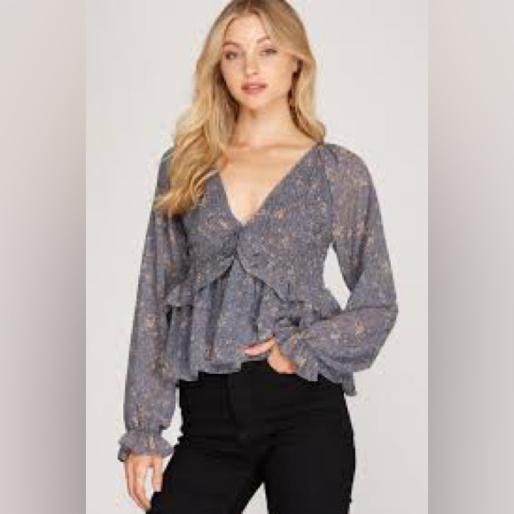 She-Sky Floral Gray Blouse Size Small EUC